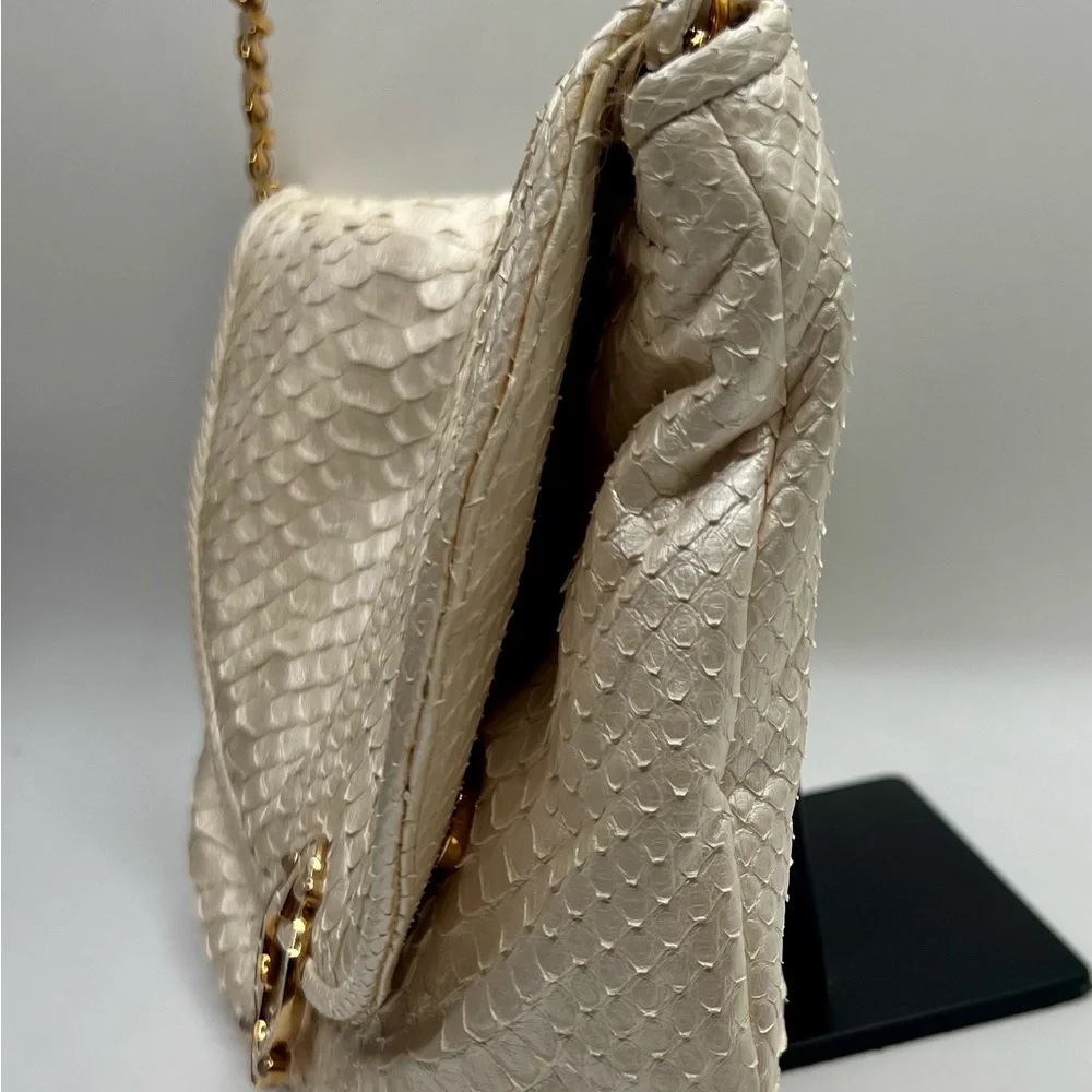 Cream and Gold Textured Shoulder Bag with Chain Handle